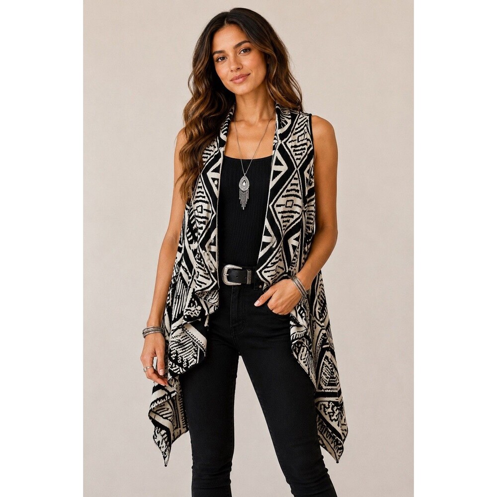 LA Hearts Southwestern Aztec Draped Open Front Knit Vest Cardigan S
